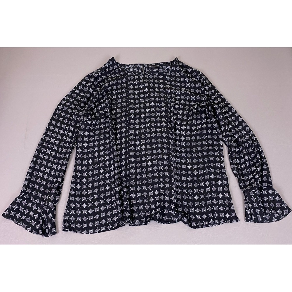 Liz Claiborne Career Blouse Top Women XL Black Geometric Medallion Flared Sleeve